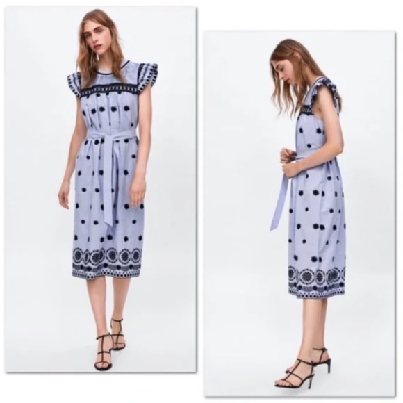 ZARA EMBROIDERED FLORAL MIDI STRIPED DRESS - Picture 5 of 6